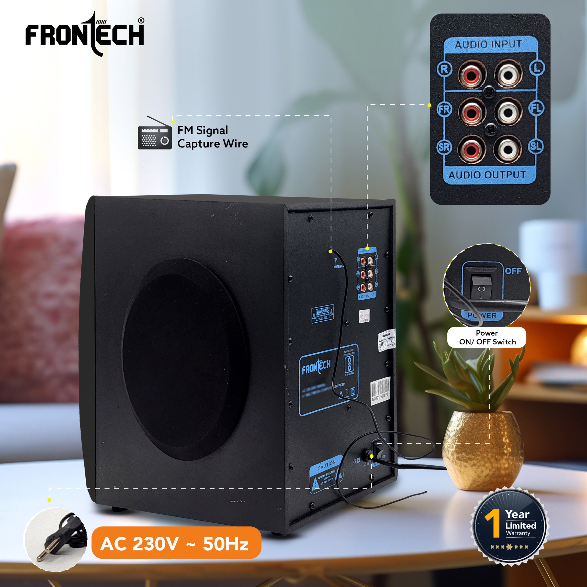 FRONTECH 60W Bluetooth 5.0 Multimedia Speaker| Powerful Bass | 4.1 Channel |Surround Sound System | USB | AUX | FM Radio | Wireless Remote Control for Home & Office (SW-0155) FRONTECH 60W Bluetooth 5.0 Multimedia Speaker| Powerful Bass | 4.1 Channel |Surround Sound System | USB | AUX | FM Radio | Wireless Remote Control for Home & Office (SW-0155)